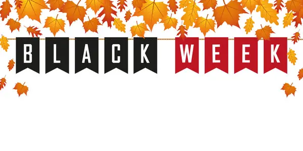 Black week flags banner on white background with autumn leaves — Stock Vector