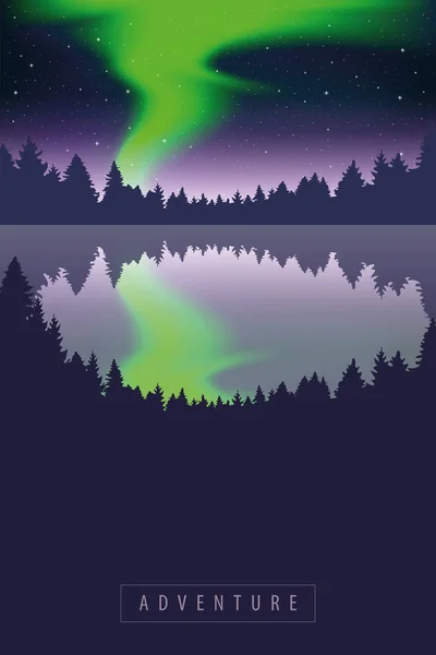 Green polar lights in starry sky in the forest by lake — ストックベクタ