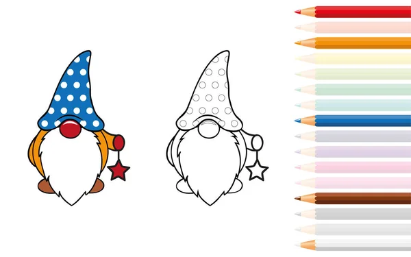 Nain mignon pour livre de coloriage avec crayons — Image vectorielle