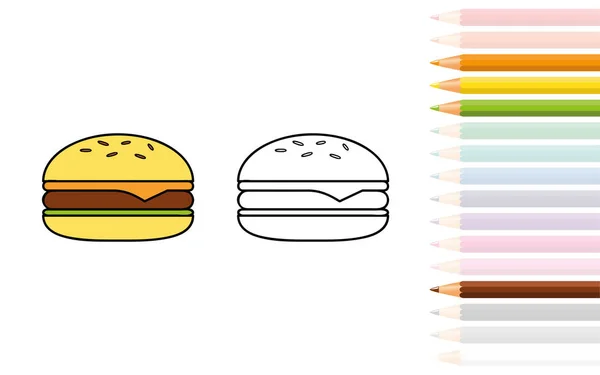 Burger pour livre de coloriage avec crayons — Image vectorielle
