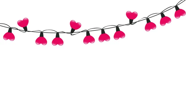 Pink heart shaped fairy lights on white background — Stock Vector