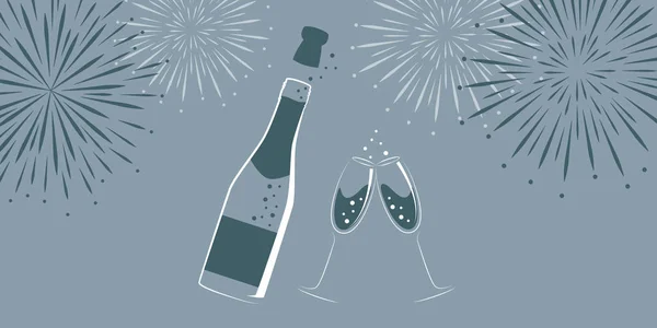 Bottiglia di champagne e bicchieri con fuochi d'artificio di Capodanno — Vettoriale Stock