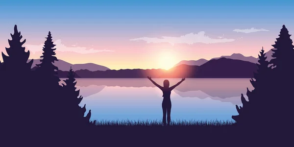 Meisje met opgeheven armen bij het meer bij zonsopgang natuur landschap — Stockvector