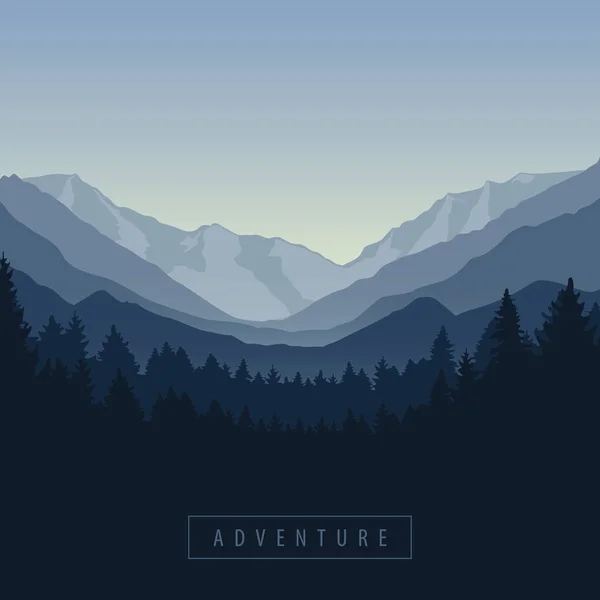 Bosque azul y montaña naturaleza paisaje aventura — Vector de stock