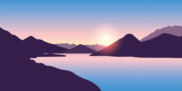 Pacífico paisaje de naturaleza de río grande al amanecer en colores púrpura — Vector de stock