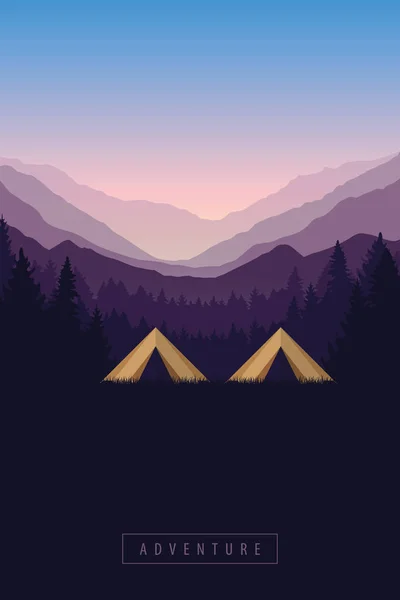 Camping aventură în sălbăticie două corturi în pădure la peisaj montan — Vector de stoc