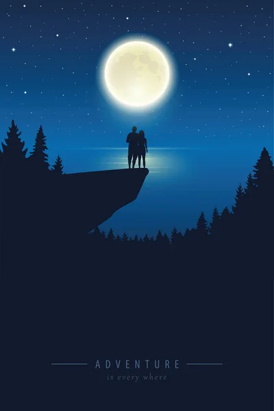 Pasangan di tebing dekat danau dengan bulan purnama di malam berbintang - Stok Vektor