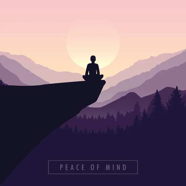 Paz de espírito mediando pessoa em um penhasco com vista montanha paisagem natureza roxa — Vetor de Stock