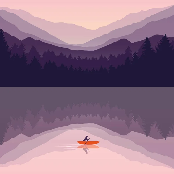 Lonely canoeing adventure with orange boat at sunrise on the lake — Stock Vector