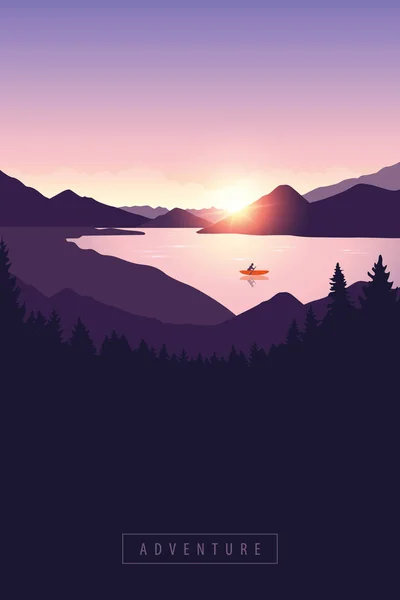 Samotny spływ przygoda z pomarańczowy łódź wschód słońca nad jeziorem — Wektor stockowy