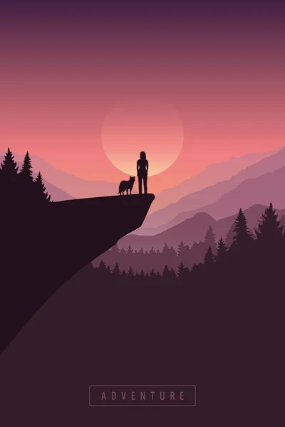 Fille et chien sur une falaise avec vue sur la montagne au lever du soleil paysage nature — Image vectorielle