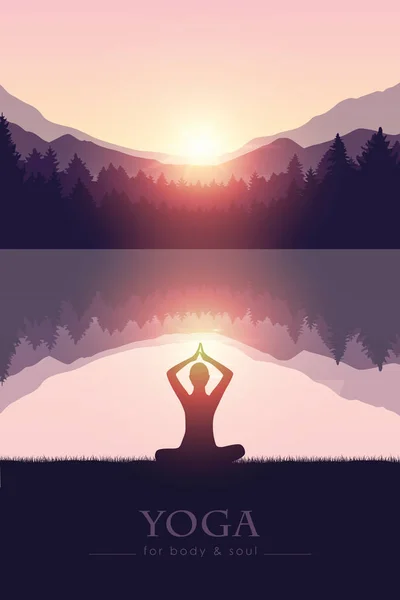 Yoga for body and soul meditating person silhouette by the lake with mountain landscape — Stock Vector