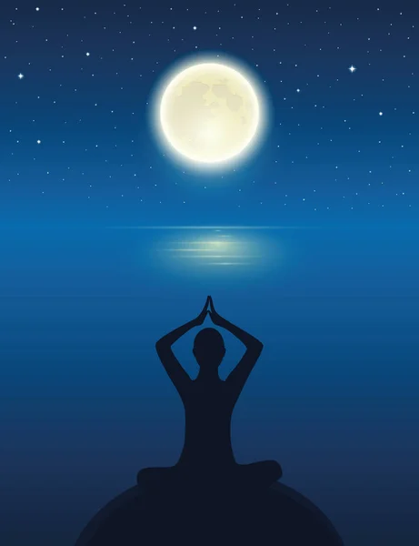 Yoga meditazione persona silhouette dall'oceano con luna piena e cielo stellato — Vettoriale Stock