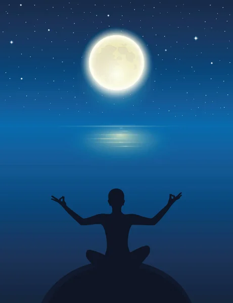 Yoga meditierende Person Silhouette am Meer mit Vollmond und Sternenhimmel — Stockvektor