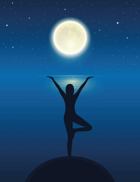 Yoga meditierende Person Silhouette am Meer mit Vollmond und Sternenhimmel — Stockvektor