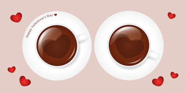 Dua cangkir kopi dengan hati untuk hari valentine - Stok Vektor