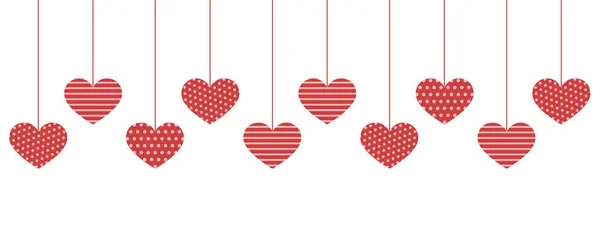 Red pattern hanging hearts on white background — Stock Vector