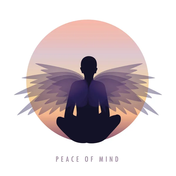 Paz de espírito pessoa em meditação posar com asas — Vetor de Stock