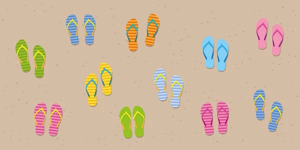 Many colorful flip flops on sandy beach — Stock Vector