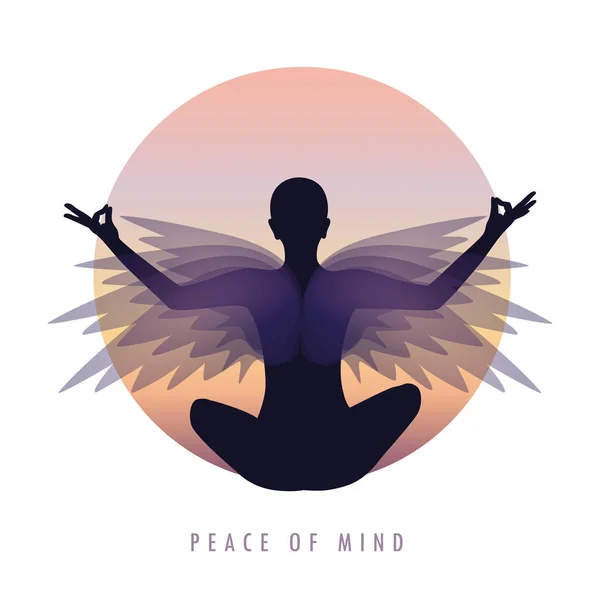 Paz de espírito pessoa em meditação posar com asas — Vetor de Stock