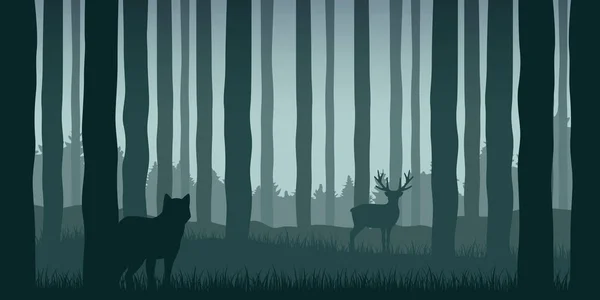 Lobo está viendo alces en bosque verde fauna naturaleza paisaje — Archivo Imágenes Vectoriales