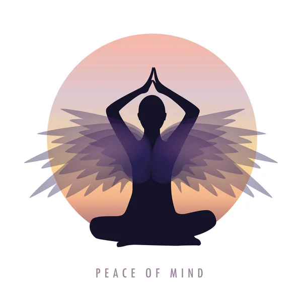 Спокойствие человека в медитации позировать с крыльями — стоковый вектор
