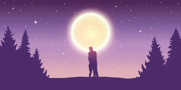 Пара смотрит на полнолуние в лесном ландшафте ночью — стоковый вектор