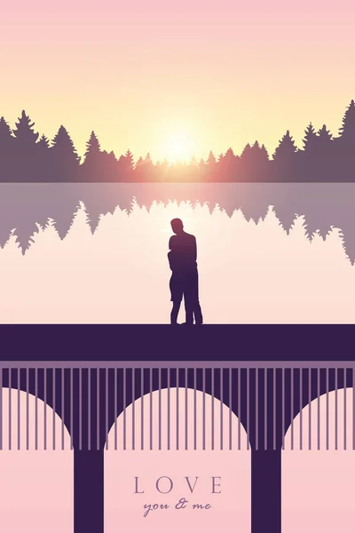 Romantiskt par förälskade på en bro vid havet vid solnedgången — Stock vektor