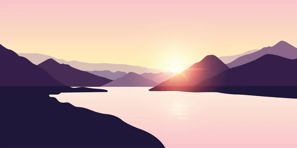 Huzurlu büyük nehir doğası güneş doğarken mor renklerle — Stok Vektör