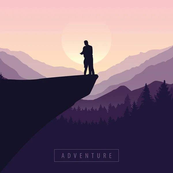 Coppia su una scogliera avventura nella natura con vista sulle montagne viola — Vettoriale Stock