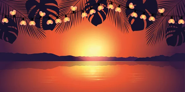 ハートの妖精の光と楽園のビーチでロマンチックな夕日 — ストックベクタ