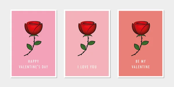 Conjunto de cartões dia dos namorados com rosa vermelha —  Vetores de Stock