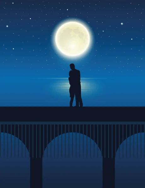 Casal em uma ponte junto ao lago com lua cheia em uma noite estrelada — Vetor de Stock