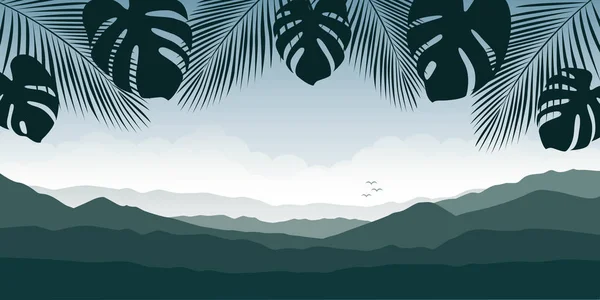 Hermoso paisaje de montaña de silueta de palmera en colores verdes — Archivo Imágenes Vectoriales
