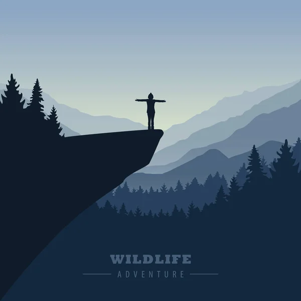 山の景色を眺めながら日の出の崖の上の冒険の女の子をハイキング — ストックベクタ