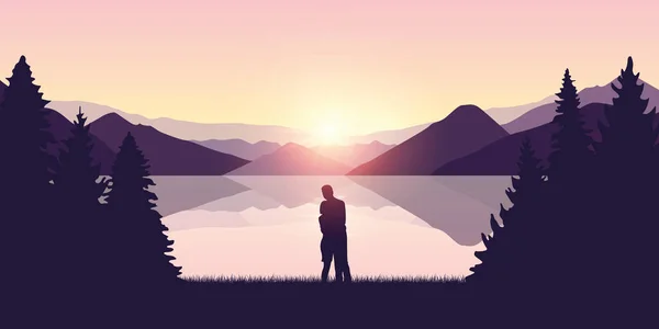 Young couple by the lake in forest nature landscape at sunrise — Stock Vector