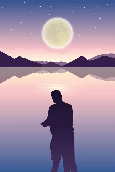 Romantisk natt par i kärlek vid havet med fullmåne och stjärnhimmel — Stock vektor
