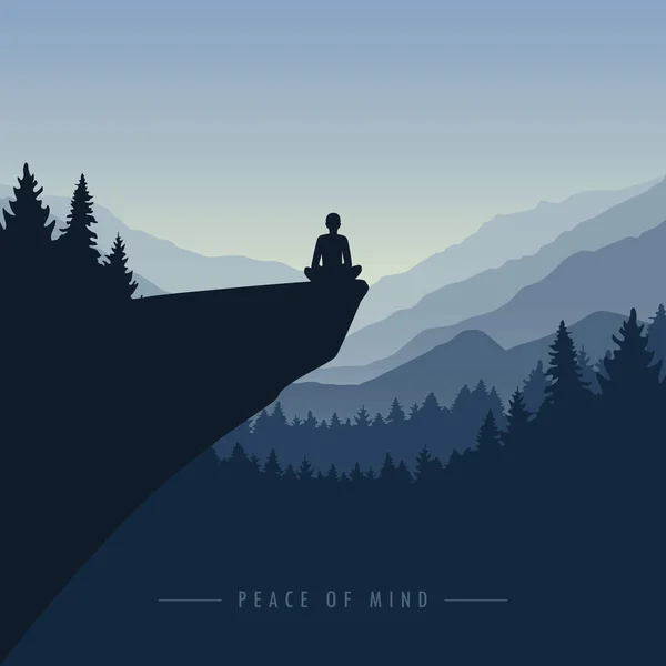 Peace of mind mediating person on a cliff with mountain view blue nature landscape — Stock Vector