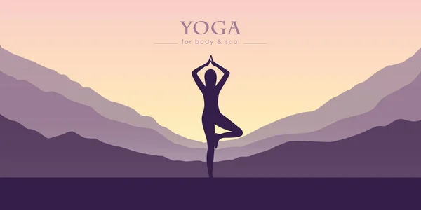 Ragazza fa yoga vista montagna viola paesaggio — Vettoriale Stock