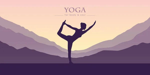 Chica hace yoga montaña vista púrpura paisaje — Vector de stock