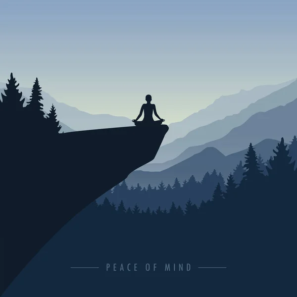 Peace of mind mediating person on a cliff with mountain view blue nature landscape — Stock Vector