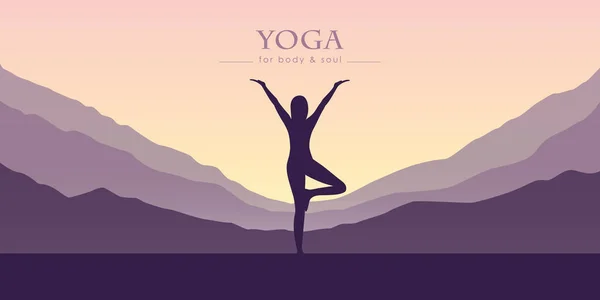 Menina faz ioga vista montanha paisagem roxa — Vetor de Stock