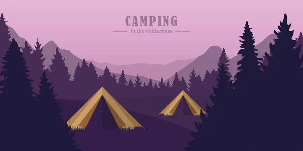 Campeggio avventura nel deserto due tende nella foresta a paesaggio di montagna viola — Vettoriale Stock