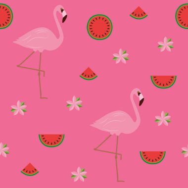 Flamingo çiçekli ve karpuzlu kusursuz tropikal yaz tasarımı