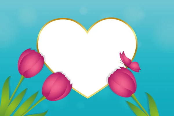 Carte de vœux turquoise avec tulipes rose coeur et papillon — Image vectorielle