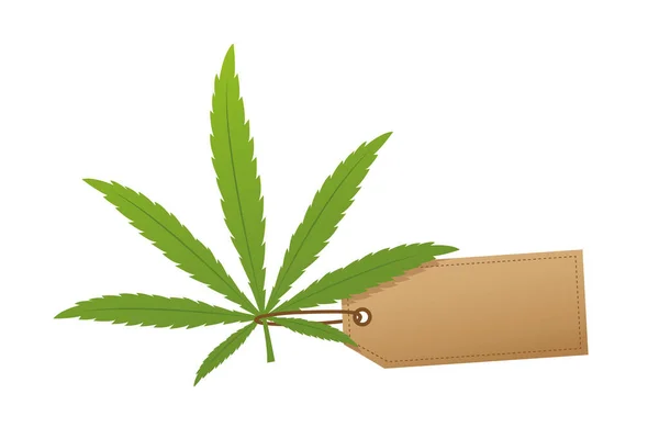 Cannabisblatt mit leerem Papieretikett isoliert auf weißem Hintergrund — Stockvektor
