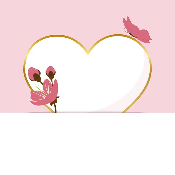 Paper heart pink greeting card with cherry blossom and butterfly — Stock Vector