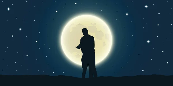 Romantisch nacht liefdevolle paar kijkt naar de volle maan — Stockvector