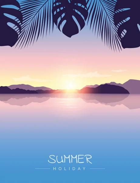 Sommerurlaub am Meer Sonnenuntergang mit Palmblättern Hintergrund — Stockvektor