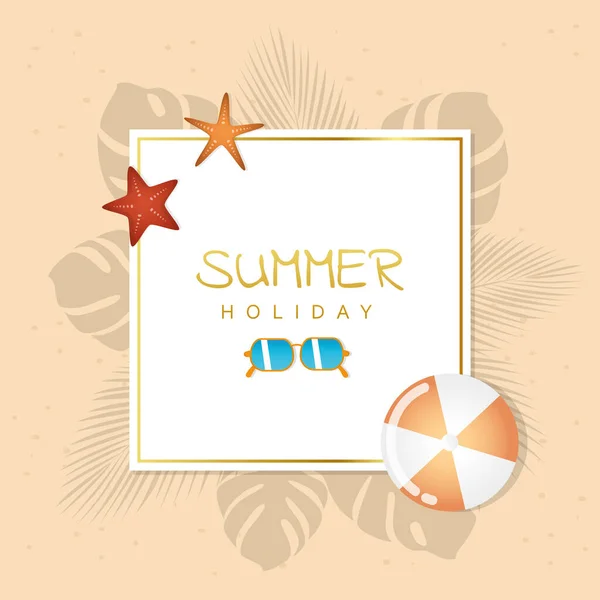 Летние каникулы дизайн с солнцезащитными очками мяч и морская звезда — стоковый вектор